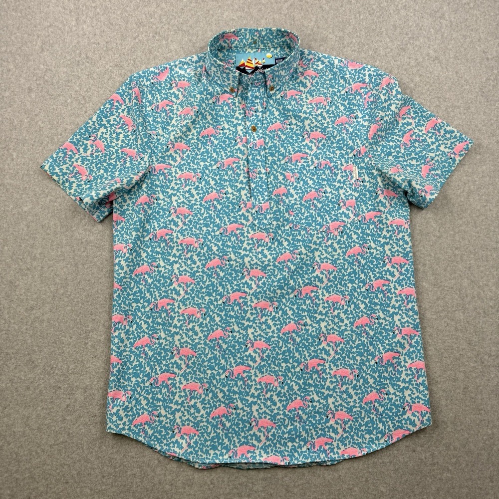 Chubbies Shirt Mens Medium Blue Polo Flamingo All Over Print Performance Golf - Picture 1 of 10
